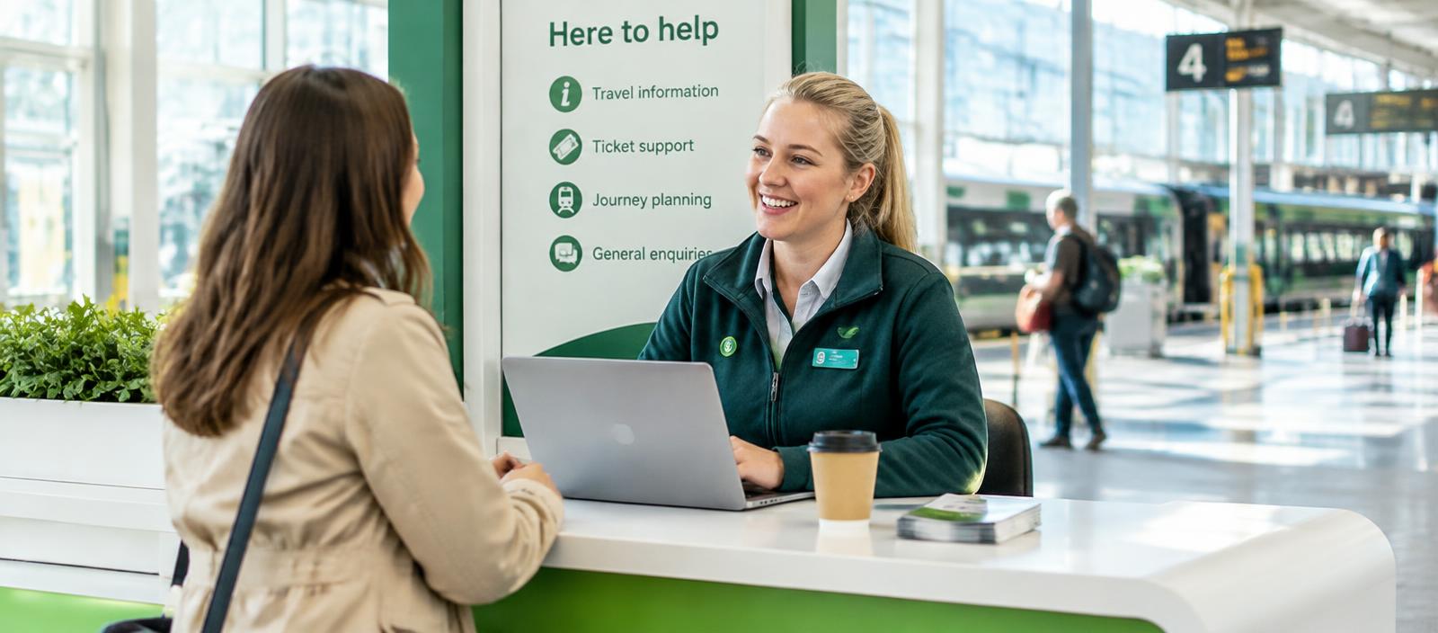 Friendly help desk at a UK railway station