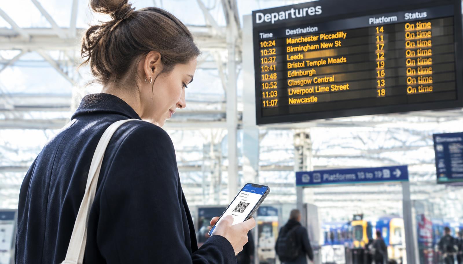 Commuter checking an e-ticket under a station departure board